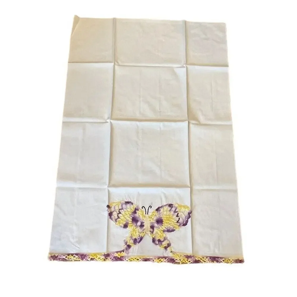 Set NWOT Vintage Hand Crocheted Butterfly Pillowcases 21 x 30” Purple Yellow